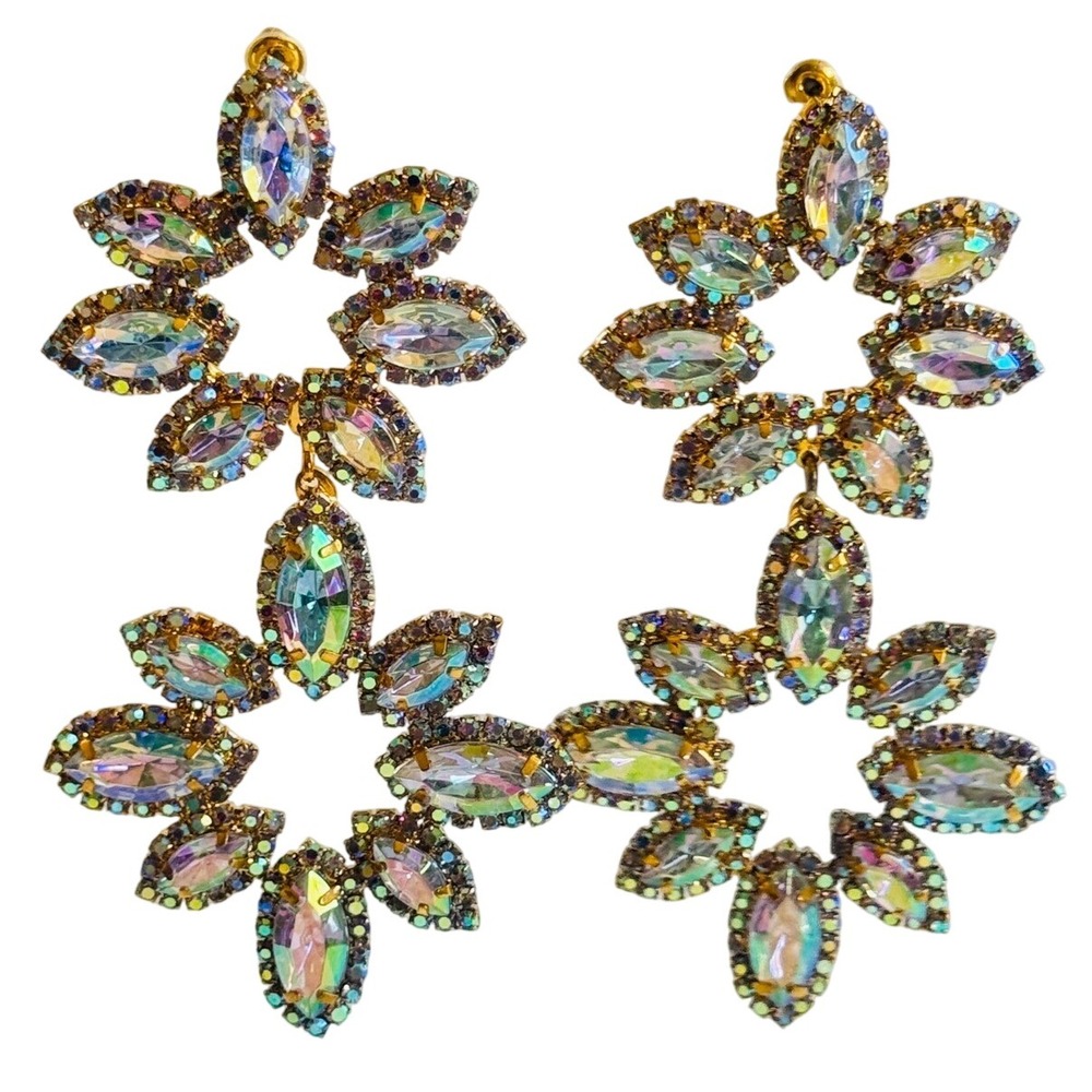 runway Star crystal Rhinestone Earrings Colorful Gold pierced Dangle rainbow